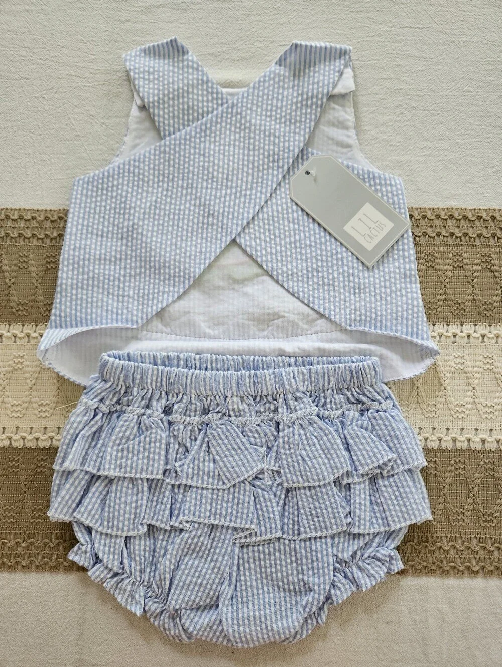Lil Cactus Blue & White Seersucker Turtle Appliqué 2-Piece Set | Size 6-12M